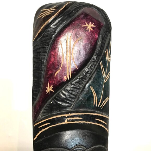 African Tribal Mask Wall Art Decor Hand Carved 16" Tall Wooden Sculpture - Picture 2 of 7